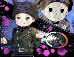  1boy :3 animal_ear_headwear animal_ears aoi_sana beanie belt belt_buckle black_background black_belt black_eyes black_hat black_jacket black_pants black_shirt black_sleeves blood blood_splatter blue_background blue_pants blue_shirt blush_stickers brown_hair buckle buttons cat_ears clenched_hand closed_mouth collared_jacket cowboy_shot danganronpa_(series) danganronpa_v3:_killing_harmony fake_animal_ears food_in_mouth hat holding_tennis_racket hoshi_ryoma jacket leather leather_jacket long_sleeves looking_at_viewer male_focus open_mouth pants pink_blood projected_inset shirt short_hair smile striped_clothes striped_pants striped_shirt studded_belt teeth two-tone_background two-tone_pants two-tone_shirt v-shaped_eyes zipper zipper_pull_tab 