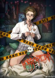 1boy absurdres artist_name bed buttoning caution_tape censored character_name cheng_cheng_cheng_zai chinese_commentary commentary_request condom condom_wrapper copyright_request glasses hair_ornament hairclip highres horropedia kneeling looking_to_the_side male_focus mask movie_poster no_pants pectoral_cleavage pectorals reverse:1999 the_thing watch weibo_watermark wristwatch