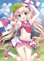  1girl :d arm_up armpits bare_arms bare_shoulders belt blonde_hair blue_eyes blue_sky blurry bow breasts cheerleader cleft_of_venus clothes_lift cloud cloudy_sky collarbone contrail crop_top day dengeki_moeou detexted exhibitionism female_focus free_use hair_bow hair_ornament hairclip highres holding holding_pom_poms kimishima_ao knees_together_feet_apart loli long_hair looking_at_viewer midair midriff miniskirt navel no_panties nude_filter open_mouth outdoors pleated_skirt pom_pom_(cheerleading) pom_poms public_indecency pussy red_shirt scan shirt shoes skirt skirt_lift sky sleeveless sleeveless_shirt small_breasts smile sneakers socks solo star_(symbol) stomach striped striped_bow sweat thighs third-party_edit twintails uncensored very_long_hair visor_cap white_skirt white_socks  rating:Explicit score:173 user:MoveToEx