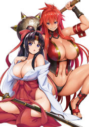  2girls arm_strap black_hair black_panties blush bow breasts closed_mouth club club_(weapon) collarbone covered_erect_nipples hair_ribbon hakama hakama_skirt headband highleg highleg_panties hip_vent holding holding_weapon japanese_clothes katana kimono large_breasts long_hair long_sleeves looking_at_viewer low-tied_long_hair mace miko multiple_girls muscular muscular_female navel no_bra official_art oosaki_shin&#039;ya open_clothes open_kimono open_mouth panties pink_eyes ponytail purple_eyes queen&#039;s_blade queen&#039;s_blade_unlimited red_footwear red_hair red_hakama revealing_clothes ribbon risty_(queen&#039;s_blade) risty_(queen&#039;s_blade_unlimited) sandals sheath sidelocks sitting skirt smile spiked_club spiked_mace spikes squatting sword tan tomoe_(queen&#039;s_blade) tomoe_(queen&#039;s_blade_unlimited) turtleneck underwear vambraces very_long_hair vest weapon wide_sleeves 