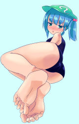 1girl absurdres arm_support ass bare_legs bare_shoulders barefoot blue_eyes blue_hair blush blush_stickers breasts cabbie_hat embarrassed feet feet_together foot_focus from_behind hair_bobbles hair_ornament hat highres jitome kawashiro_nitori looking_back lying mashitono_desu matching_hair/eyes on_side one-piece_swimsuit open_mouth school_swimsuit short_hair short_twintails soles solo swimsuit toes touhou twintails rating:Sensitive score:36 user:danbooru