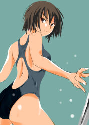  1girl amagami ass back_cutout black_eyes black_hair black_one-piece_swimsuit blue_one-piece_swimsuit closed_mouth clothing_cutout commentary competition_swimsuit looking_at_viewer looking_back murasaki_iro nanasaki_ai one-piece_swimsuit short_hair solo swimsuit two-tone_swimsuit 