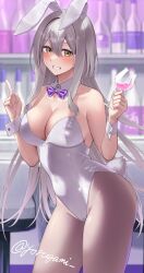  1girl animal_ears bare_shoulders blush bowtie breasts cup detached_collar drinking_glass fake_animal_ears fake_tail goddess_of_victory:_nikke grey_hair highleg highleg_leotard large_breasts leotard long_hair looking_at_viewer pantyhose playboy_bunny purple_bow purple_bowtie rabbit_ears rabbit_tail scarlet_(nikke) solo strapless strapless_leotard tail wrist_cuffs yellow_eyes yorugami_rei 