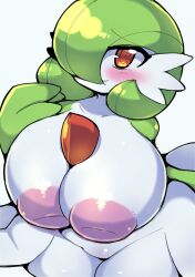  1girl blush breasts colored_skin completely_nude creatures_(company) female_focus game_freak gardevoir gen_3_pokemon green_hair highres huge_breasts inverted_nipples nekoyuu nintendo nipples no_humans nude pokemon puffy_nipples red_eyes shiny_skin smile solo standing thick_thighs thighs white_background white_skin wide_hips 