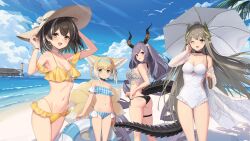  4girls absurdres alternate_costume animal_ears arknights arm_at_side ass bandeau bare_shoulders beach bikini bird black_bikini black_hair blonde_hair blue_bandeau blue_bikini blue_hairband blue_innertube blue_sky breasts choker cleavage closed_mouth clothing_cutout cloud crocodilian_tail cross-laced_clothes cross-laced_one-piece_swimsuit day floating_hair flower fox_ears fox_tail green_eyes grey_hair hair_flower hair_ornament hair_rings hairband hat hat_flower highres holding holding_innertube holding_umbrella horizon horns infection_monitor_(arknights) innertube large_tail long_hair long_tail looking_at_viewer looking_to_the_side magallan_(arknights) medium_breasts mole mole_under_eye muelsyse_(arknights) multi-strapped_bikini_bottom multicolored_hair multiple_girls multiple_tails navel ocean off-shoulder_bikini off_shoulder one-piece_swimsuit open_mouth orange_eyes outdoors palm_leaf parasol plaid plaid_bikini pointy_ears purple_hair red_eyes shadow short_hair side-tie_bikini_bottom sideless_outfit sigm@ single_bare_shoulder sky small_breasts smile standing stomach strapless strapless_bikini streaked_hair striped_innertube sun_hat sunlight suzuran_(arknights) swimsuit tail tareme thigh_strap two-tone_hair typhon_(arknights) umbrella underboob_cutout very_long_hair water white_choker white_hair white_one-piece_swimsuit yellow_bikini 