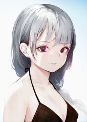  1girl bikini black_bikini black_eyes black_hair breasts cleavage closed_mouth covered_erect_nipples gradient_background gradient_hair grey_hair lips long_hair looking_at_viewer multicolored_hair original simple_background small_breasts solo swimsuit tomamatto upper_body 