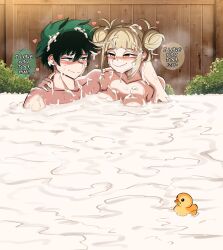  1boy 1girl arm_around_shoulder bathing blonde_hair blush boku_no_hero_academia breasts bukkake commission commissioner_upload completely_nude couple cum cum_bath cum_on_body cum_on_hair cum_on_upper_body darboo double_bun excessive_cum freckles green_eyes green_hair hair_bun half-closed_eyes happy happy_sex heart heart_in_eye hetero large_breasts looking_at_another midoriya_izuku mixed-sex_bathing nude onsen partially_submerged rubber_duck shared_bathing smile speech_bubble steam sweat symbol_in_eye toga_himiko 