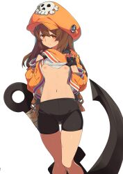  1girl absurdres anchor bike_shorts black_gloves breasts brown_hair closed_mouth clothes_lift commentary_request fingerless_gloves gloves gluteal_fold guilty_gear guilty_gear_strive head_out_of_frame highres jacket jacket_lift lifted_by_self long_hair may_(guilty_gear) morisobo navel nipples orange_jacket simple_background small_breasts solo sweat white_background  rating:Questionable score:106 user:Zaoogle