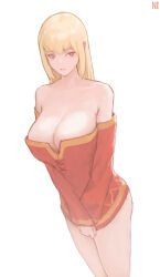  1girl bare_shoulders blonde_hair blue_eyes breasts cleavage collarbone commentary cosplay darkness_(konosuba) dress dress_tug english_commentary highres kono_subarashii_sekai_ni_shukufuku_wo! large_breasts long_hair long_sleeves megumin megumin_(cosplay) numb3r_3 off-shoulder_dress off_shoulder parted_lips red_dress short_dress signature simple_background solo standing thighs white_background 