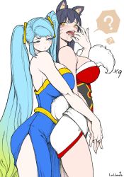  2girls ? ahri_(league_of_legends) alternate_eye_color animal_ears assertive_female aura bare_arms bare_shoulders black_hair blonde_hair blue_dress blue_eyes blue_hair blush breast_press breasts breasts_on_another&#039;s_back cleavage collarbone confused corruption crown dress finger_in_another&#039;s_mouth finger_to_mouth fox_ears fox_girl fox_tail glowing glowing_eyes grabbing gradient_hair green_eyes holding_hands hug huge_breasts korean_commentary league_of_legends lolboja long_hair looking_at_another looking_back low_neckline multicolored_hair multiple_girls open_mouth possessed possession pout red_dress role_reversal saliva sona_(league_of_legends) sweat tail tearing_up tears teeth twintails very_long_hair viego_(league_of_legends) white_background white_tail yellow_eyes you_gonna_get_raped yuri  rating:Sensitive score:62 user:danbooru