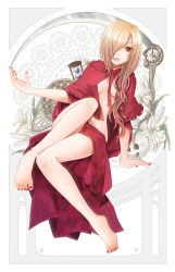  1girl alte_rose barefoot blonde_hair breasts cloak commentary_request earrings full_body hair_over_one_eye iwashiro_byou jewelry long_hair looking_at_viewer maerchen_(album) nail_polish red_eyes red_nails sideboob solo sound_horizon 
