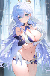  1girl areola_slip arm_under_breasts bikini bikini_top_pull breasts cleavage commentary_request detached_collar detached_sleeves elbow_gloves feathered_wings gloves green_eyes grey_hair hair_between_eyes halo head_wings highres honkai:_star_rail honkai_(series) jewel_under_eye large_breasts long_hair looking_at_viewer machi_(7769) navel patreon_username pulled_by_self robin_(honkai:_star_rail) smile solo swimsuit white_bikini white_gloves white_wings wings 