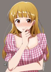  1girl alternate_hairstyle blonde_hair blunt_bangs blush breast_hold breasts cleavage collarbone dated dot_nose dress eyelashes fukuda_noriko full-face_blush grey_background hand_to_own_mouth happy_birthday highres idolmaster idolmaster_million_live! idolmaster_million_live!_theater_days large_breasts long_hair looking_at_viewer orange_eyes parted_lips plaid plaid_dress ponpon puffy_short_sleeves puffy_sleeves short_sleeves sidelocks signature simple_background solo straight_hair upper_body 