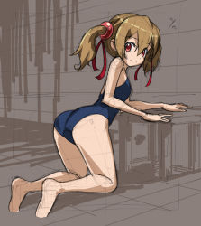  10s 1girl ass bare_shoulders bent_over blue_one-piece_swimsuit blue_school_swimsuit brown_hair dot_nose from_behind full_body hair_ribbon kneeling looking_at_viewer looking_back one-piece_swimsuit red_eyes ribbon rohitsuka school_swimsuit silica sketch smile solo swimsuit sword_art_online twintails  rating:Sensitive score:35 user:danbooru