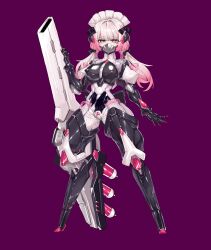  1girl absurdres blue_eyes bodysuit breasts cannon covered_erect_nipples digitigrade exoskeleton full_body highres huge_weapon jian_xuanyuan large_breasts latex long_hair looking_at_viewer low_twintails mask mecha_musume mechanical_arms mechanical_legs mouth_mask original pink_hair purple_background second-party_source shiny_clothes skin_tight solo standing stealth_bondage twintails variant_set weapon 