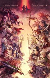  6+boys 6+girls alfyn_(octopath_traveler) ascot axe backpack bag beard blonde_hair blue_coat book bow_(weapon) braid brooch candle candlestand cape character_request cheetah choker coat cyrus_(octopath_traveler) dagger drawing_bow english_text facial_hair fur-trimmed_coat fur_trim green_cape h&#039;aanit_(octopath_traveler) hat highres holding holding_axe holding_book holding_bow_(weapon) holding_dagger holding_knife holding_staff holding_sword holding_weapon jewelry knife linde_(octopath_traveler) long_hair looking_at_another looking_back monster multiple_boys multiple_girls octopath_traveler octopath_traveler_i olberic_eisenberg open_mouth ophilia_(octopath_traveler) parted_lips ponytail primrose_azelhart purple_hair purple_scarf red_eyes satou_kivi scarf short_hair smile staff sword therion_(octopath_traveler) tressa_(octopath_traveler) weapon white_ascot white_hair  rating:Sensitive score:3 user:danbooru
