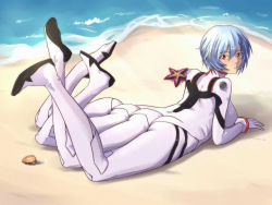  1girl arm_support ass ayanami_rei beach blue_hair breasts dutch_angle extra_asses extra_legs feet_up female_focus gammatelier looking_at_viewer looking_back lying medium_breasts multi_leg neon_genesis_evangelion ocean on_stomach outdoors plugsuit red_eyes short_hair solo starfish  rating:Questionable score:11 user:namelessdude80