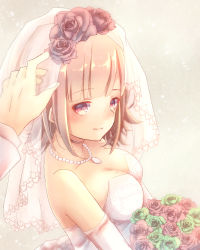 1girl 1other backless_dress backless_outfit blush bouquet breasts bridal_veil bride brown_hair cleavage collarbone cowboy_shot danganronpa_(series) danganronpa_2:_goodbye_despair detached_sleeves dress elbow_gloves flower gloves green_flower hair_flower hair_ornament heart jewelry looking_at_viewer medium_breasts nanami_chiaki necklace pearl_necklace pink_eyes pink_flower pov short_hair smile solo_focus veil wedding_dress white_background white_dress white_sleeves white_veil  rating:General score:4 user:38645