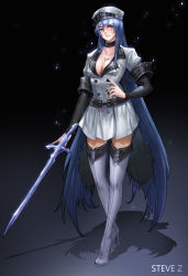 10s 1girl absurdly_long_hair absurdres akame_ga_kill! artist_name black_background black_nails blue_eyes blue_hair blush boots breasts chest_tattoo choker cleavage clenched_teeth coat collarbone cross-laced_footwear crystal_sword esdeath fingernails full_body gradient_background hair_between_eyes hand_on_own_hip hat high_heel_boots high_heels highres ice large_breasts legs light_particles lips long_hair long_sleeves looking_at_viewer military military_uniform nail_polish peaked_cap pink_lips shadow skirt solo standing steve_zheng sword tattoo teeth thigh_boots thighhighs uniform very_long_hair weapon white_footwear white_thighhighs zettai_ryouiki rating:Sensitive score:33 user:danbooru