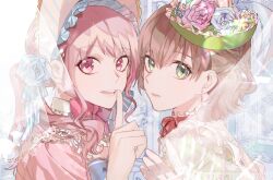  2girls bang_dream! blue_flower blue_rose bonnet braid brown_hair commentary_request dress earrings finger_to_mouth flower french_braid fresa_pie green_eyes green_hat hair_flower hair_ornament hat indoors jewelry long_hair maruyama_aya multiple_girls parted_lips pink_dress pink_eyes pink_flower pink_hair pink_rose rose short_hair shushing twintails upper_body veil yamato_maya 