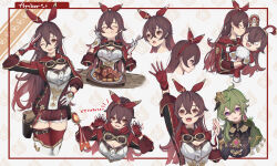  2girls :d :t ;d a-tora amber_(genshin_impact) arm_up baron_bunny_(genshin_impact) bow bow_hairband bridal_gauntlets brown_eyes brown_hair brown_shorts character_name closed_eyes collei_(genshin_impact) eating facing_viewer floating_hair fork genshin_impact gloves green_hair hair_between_eyes hair_bow hairband hand_on_own_hip highres holding holding_fork long_hair looking_at_viewer multiple_girls multiple_views one_eye_closed open_mouth purple_eyes red_bow red_gloves red_hairband red_thighhighs short_shorts shorts smile thighhighs two-tone_gloves very_long_hair white_gloves 