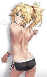  1girl :p ass back black_shorts blonde_hair blush braid breasts butt_crack commentary dolphin_shorts fate/apocrypha fate_(series) french_braid green_eyes highres long_hair looking_at_viewer looking_back mordred_(fate) mordred_(fate/apocrypha) parted_bangs ponytail puff_of_air revision short_shorts shorts shoulder_blades sidelocks small_breasts solo thighs tonee tongue tongue_out topless v-shaped_eyebrows  rating:Sensitive score:70 user:danbooru