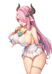 1girl bare_shoulders blue_eyes blush bottomless braid breasts cleft_of_venus cosplay covered_erect_nipples draph dress female_pubic_hair granblue_fantasy hair_ornament hair_over_one_eye highres horns huge_breasts leaning_forward light_purple_hair long_hair looking_at_viewer lyria_(granblue_fantasy) lyria_(granblue_fantasy)_(cosplay) narmaya_(granblue_fantasy) no_bra no_panties open_mouth pink_hair pointy_ears pubic_hair pussy sayika sideboob simple_background single_braid solo standing strapless strapless_dress tongue uncensored undersized_clothes very_long_hair white_background white_dress rating:Explicit score:149 user:danbooru