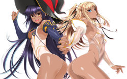 2girls :d aoi_nagisa_(metalder) arched_back armpits ass ass-to-ass back-to-back bare_shoulders blonde_hair blue_eyes blue_hair blush breasts bridal_gauntlets covered_erect_nipples covered_navel cowboy_shot crossover dark-skinned_female dark_skin fingerless_gloves fingernails flat_chest foreshortening from_side futaba_lili_ramses gloves hair_between_eyes hair_ribbon halterneck hat highleg highleg_leotard highleg_swimsuit highres hip_focus holding_hands index_finger_raised interlocked_fingers kobayakawa_sara leotard light_smile long_fingernails long_hair looking_at_viewer looking_back magical_arms_angel_nana magical_girl multiple_girls nail_polish navel official_art official_wallpaper one-piece_tan open_mouth outstretched_arms pink_nails puffy_nipples ribbon ribs scrunchie see-through shadow sidelocks simple_background skin_tight slingshot_swimsuit small_breasts smile standing swimsuit symmetry tan tanline tentacle_and_witches thong thong_leotard turtleneck twintails two_side_up underboob very_long_hair wallpaper white_background witch_hat yellow_eyes rating:Questionable score:216 user:yuri2896