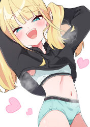  1girl absurdres blonde_hair blue_eyes blush from_below heart highres himitsu_ni_shitoite_ageru loli long_hair naughty_face open_mouth original panties solo steam steaming_body sweater underwear  rating:Explicit score:40 user:Sumble