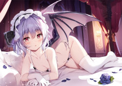  1girl :o alternate_costume bare_arms bare_shoulders bat_wings bed black_hairband black_ribbon blue_flower blue_hair blue_rose blush bra breasts cleavage commentary_request curtains female_focus flower frills gloves hair_between_eyes hair_ribbon hairband indoors legs looking_at_viewer lying maid_headdress miyase_mahiro navel no_shoes on_stomach panties parted_lips petals plant red_eyes red_neckwear remilia_scarlet ribbon rose rose_petals short_hair side-tie_panties small_breasts solo stomach thighhighs thighs touhou underwear underwear_only white_bra white_gloves white_panties white_thighhighs wings  rating:Sensitive score:35 user:danbooru