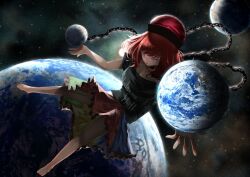  1girl barefoot black_shirt clothes_writing earth_(planet) frilled_skirt frills full_body hashtag-only_commentary hecatia_lapislazuli kiyonetto looking_at_viewer multicolored_clothes multicolored_skirt planet red_eyes red_hair shirt short_hair skirt solo space star_(sky) touhou 
