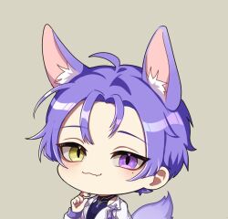  1boy ahoge animal_ear_fluff animal_ears animated animated_gif cat_eyes cat_smile chibi ears_up fang finger_to_own_chin fox_boy fox_ears fox_tail heterochromia highres kuya_(nu_carnival) live2d looking_at_viewer male_focus mole mole_under_eye nail_polish nu_carnival purple_eyes purple_fur purple_hair short_hair skin_fang slit_pupils smile tagme tail tail_wagging upper_body video yadome810 yellow_eyes 