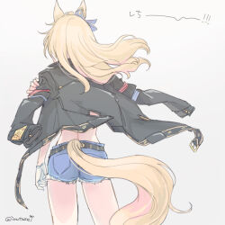  1girl animal_ears arm_at_side belt black_coat blonde_hair clothing_cutout coat coat_on_shoulders cowboy_shot cutoffs denim denim_shorts ear_ornament from_behind gloves gold_city_(umamusume) hand_on_own_shoulder horse_ears horse_girl horse_tail inutose long_hair shorts solo standing tail tail_through_clothes twitter_username umamusume white_gloves 