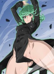  1girl arms_up black_dress blush body_blush breasts cleft_of_venus closed_mouth convenient_censoring covered_erect_nipples curly_hair dress gluteal_fold green_eyes green_hair highres j.h. long_sleeves matching_hair/eyes no_panties one-punch_man partially_visible_vulva pelvic_curtain pussy pussy_peek revision short_hair side_slit small_breasts solo tatsumaki  rating:Explicit score:51 user:DarkToonLink