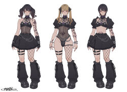 1boy ankle_tattoo arm_tattoo arms_at_sides barefoot belt black_belt black_hair black_ribbon black_skirt blonde_hair boots bulge character_sheet closed_mouth collar collarbone crossdressing detached_collar ear_piercing earrings fingerless_gloves fishnet_thighhighs fishnets forked_tongue frilled_collar frilled_skirt frilled_sleeves frills full_body gloves goth_fashion hair_ribbon jewelry leg_warmers leotard long_hair looking_at_viewer male_focus multiple_rings multiple_tattoos nail_polish navel navel_piercing nipples original piercing platform_boots platform_footwear puffy_short_sleeves puffy_sleeves purple_eyes ribbon ribs ring rokuzukeita see-through see-through_leotard shiny_clothes short_hair short_sleeves shoulder_tattoo signature skirt standing stomach_tattoo tattoo thigh_strap thighhighs thighs tongue trap twintails white_background wide_hips wig wrist_tattoo 