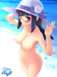  1girl arin beach blush breasts glasses hat large_breasts long_hair nipples nude nudist outdoors pangya solo  rating:Explicit score:19 user:Anonymous