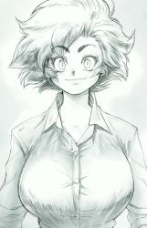  1girl breasts buttons closed_mouth collared_shirt green_theme greyscale highres large_breasts long_sleeves looking_at_viewer maxine_(balak) maxine_(yves_bigerel) messy_hair monochrome original shirt short_hair smile solo upper_body yves_bigerel  rating:Sensitive score:87 user:danbooru