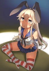  1girl alternate_eye_color anchor_hair_ornament bangs black_panties blue_skirt bosshi commentary_request crop_top elbow_gloves full_body gloves hair_between_eyes hair_ornament hairband heart heart-shaped_pupils highleg highleg_panties highres kantai_collection long_hair microskirt no_shoes open_mouth panties penis_awe penis_shadow sailor_collar school_uniform serafuku shimakaze_(kancolle) sitting skirt solo striped striped_thighhighs symbol-shaped_pupils thighhighs thong underwear white_gloves yellow_eyes 