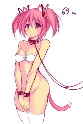 10s 1girl animal_ears bdsm blush bondage bottomless bound bound_wrists bra breasts cat_ears cat_tail collar covering_privates covering_crotch hair_ribbon kaname_madoka kemonomimi_mode leash long_hair mahou_shoujo_madoka_magica mahou_shoujo_madoka_magica_(anime) maullarmaullar no_panties pink_eyes pink_hair ribbon short_twintails simple_background small_breasts solo standing strapless strapless_bra tail thighhighs twintails underwear v_arms viewer_holding_leash white_background white_thighhighs rating:Questionable score:48 user:danbooru