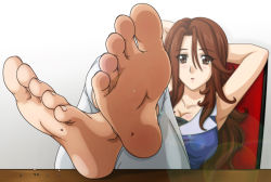 1girl armpits arms_behind_head arms_up barefoot breasts brown_eyes brown_hair camerarius_(artist) chair crossed_arms crossed_legs feet feet_together foot_focus giant giantess gundam gundam_00 hair_between_eyes large_breasts mini_person miniboy no_shoes open_mouth sitting soles sumeragi_lee_noriega toes rating:Sensitive score:27 user:danbooru