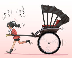  1girl bike_shorts black_hair black_shorts blue_archive closed_eyes commentary_request from_side gradient_background highres itou_yuuji japanese_clothes kimono medium_hair motion_lines open_mouth pink_background ponytail profile red_kimono rickshaw rickshaw_student_(blue_archive) running shorts simple_background smile solo towel towel_around_neck two-tone_background white_background yukata 