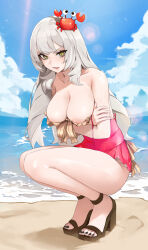  1girl areola_slip bare_shoulders beach breasts cleavage collarbone cosplay crab crab_on_head dress_swimsuit fate/grand_order fate_(series) highres large_breasts long_hair looking_at_viewer marie_antoinette_(alter)_(fate) marie_antoinette_(alter)_(third_ascension)_(fate) marie_antoinette_(fate) marie_antoinette_(fate/grand_order) marie_antoinette_(swimsuit_caster)_(fate) marie_antoinette_(swimsuit_caster)_(fate)_(cosplay) marie_antoinette_(swimsuit_caster)_(first_ascension)_(fate) nipple_slip nipples noir_(4chan) one-piece_swimsuit open_mouth red_one-piece_swimsuit sandals shore solo squatting swimsuit white_hair yellow_eyes  rating:Questionable score:26 user:danbooru