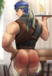  1boy ass bar_(place) bara blue_eyes blue_hair blurry blurry_background bruise bruise_on_ass chachi_(soulga) crotchless crotchless_pants cup drink fire_emblem fire_emblem:_path_of_radiance fire_emblem:_radiant_dawn hand_on_own_hip headband holding holding_plate huge_ass ike_(fire_emblem) injury leather leather_belt looking_at_viewer looking_back male_focus manly mature_male mug muscular muscular_male nintendo pants plate remote_control_vibrator sex_toy shirt short_hair sleeveless sleeveless_shirt solo spiked_hair thick_arms thick_eyebrows thick_thighs thighs vibrator 
