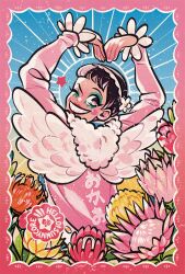  1boy ;d arms_up black_hair bon_clay border coat commentary english_commentary fake_wings flower hellosunnycore highres long_sleeves looking_back makeup male_focus one_eye_closed one_piece open_mouth pink_border pink_coat short_hair smile solo star_(symbol) watermark wings 