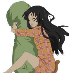  00s 1girl akiyama_mio bed crotch_rub female_focus highres hug hugging_object k-on! pajamas pillow pillow_hug simple_background sleeping solo  rating:Sensitive score:5 user:owl