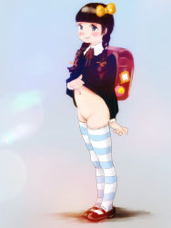 1girl backpack bag blush cleft_of_venus cotowari flat_chest highres loli pussy randoseru school_uniform solo striped tagme thighhighs rating:Explicit score:55 user:loli_gobbler