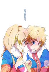 1boy 1girl asaa blonde_hair blue_eyes blue_jacket blush breasts dual_persona eye_contact facial_mark facing_another forehead-to-forehead from_side genderswap genderswap_(mtf) grin hair_between_eyes hand_up happy heads_together highres image_sample jacket japanese_text kanji long_hair long_sleeves looking_at_another medium_breasts multicolored_clothes multicolored_jacket naruko_(naruto) naruto naruto_(series) one_eye_closed orange_jacket parted_lips pinky_out pinky_swear pixiv_sample resized short_hair simple_background smile teeth translation_request twintails upper_body uzumaki_naruto whisker_markings whiskers white_background white_jacket zipper rating:Sensitive score:43 user:girl_of_smarts