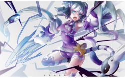  1girl artist_name bare_shoulders blue_eyes braid cat_hair_ornament character_name chelonia claws covered_navel detached_sleeves double_bun fangs hair_ornament haku_(p&amp;d) highres leg_up long_hair long_sleeves multicolored_hair open_mouth over-kneehighs purple_hair puzzle_&amp;_dragons sleeves_past_wrists solo tail thighhighs tiger_tail twin_braids two-tone_hair unitard white_hair yin_yang 