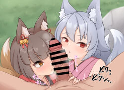  1boy 2girls :3 ^^^ animal_ear_fluff animal_ears bar_censor bell blunt_bangs blush brown_eyes brown_hair censored closed_mouth clothed_female_nude_male commentary_request dougi erection ffm_threesome foliage fox_ears fox_girl fox_tail grass grey_hair group_sex hair_bell hair_between_eyes hair_ornament half-closed_eyes heart heavy_breathing highres japanese_clothes jingle_bell kamuro_(mon-musu_quest!) kazami_windy kimono kitsu_(mon-musu_quest!) loli looking_at_penis looking_at_viewer mon-musu_quest! multiple_girls multiple_tails nude outdoors parted_lips penis pov red_eyes red_kimono short_hair sound_effects squeezing_testicles sweatdrop tail testicles threesome veins veiny_penis 
