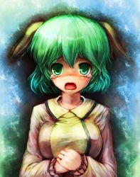 1girl animal_ears blush breasts dress fang female_focus green_eyes green_hair hands_on_own_chest highres kasodani_kyouko large_breasts matching_hair/eyes open_mouth own_hands_together sakimori_dan short_hair solo tears touhou upper_body rating:Sensitive score:5 user:danbooru